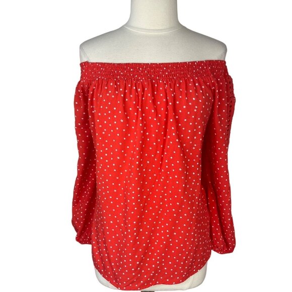 Maurices Off Shoulder Blouse Shirt Womens 1X Orange Polkadots Embroidered - Picture 2 of 10